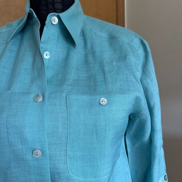 Jordan Vintage Blue Green Teal Linen Button-Down Oversized Shirt Top - Picture 6 of 12